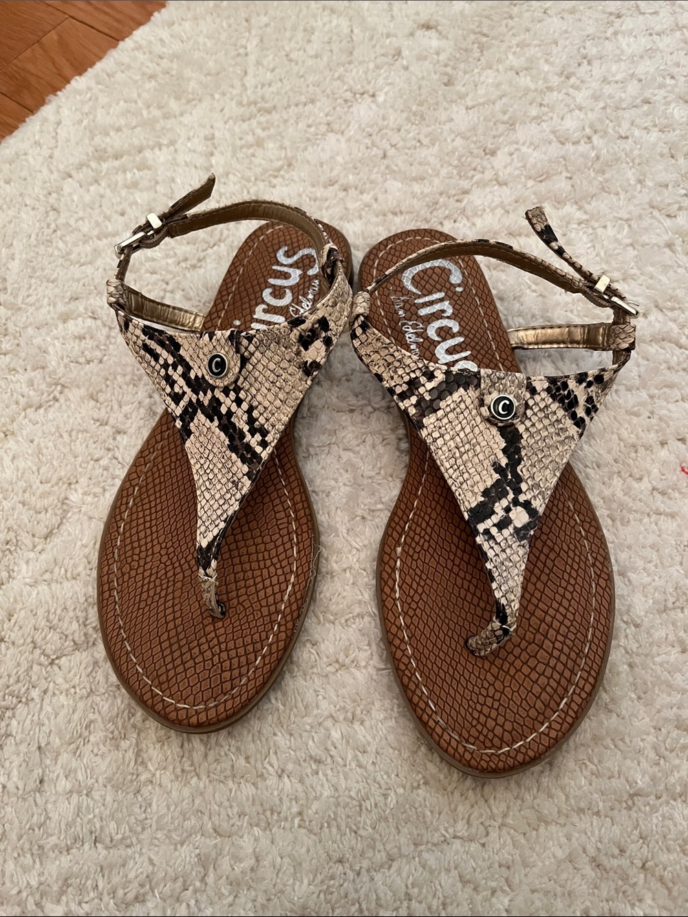 Circus by Sam Edelman Snake-Print T-Strap Sandals in Tan and Black
